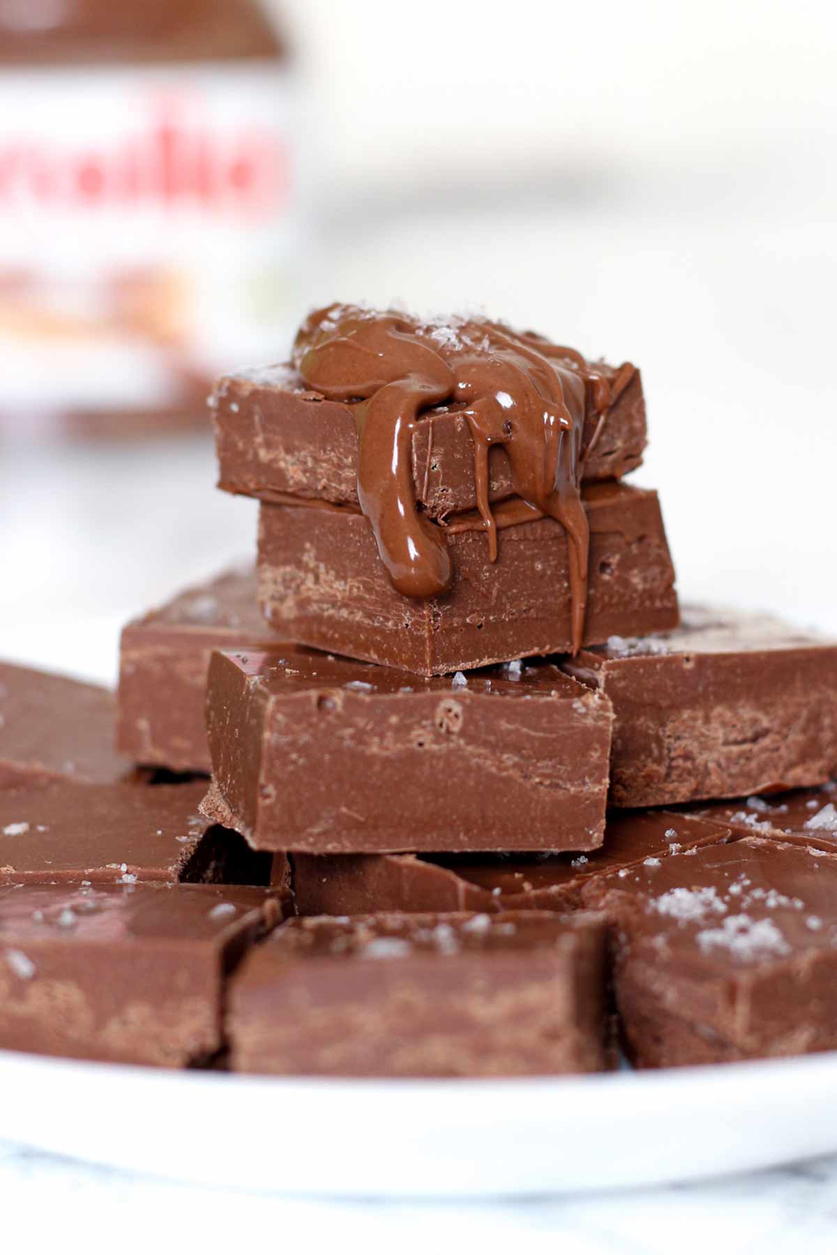 a plate of microwave nutella fudge with sea salt on top