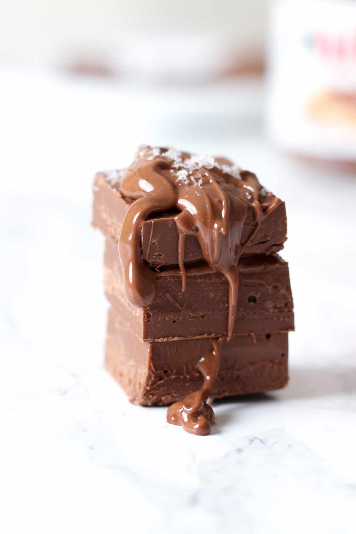 stack of 3 ingredient nutella fudge