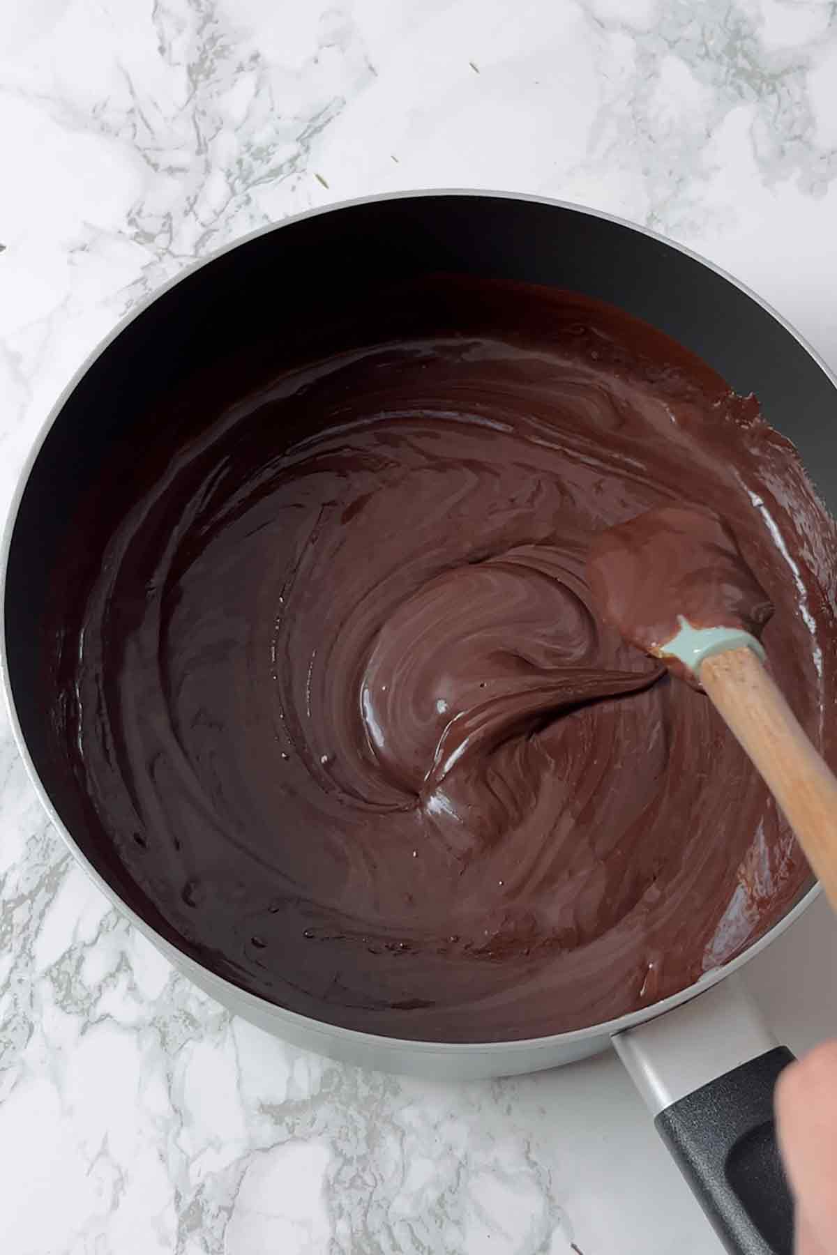 melted chocolate and condensed milk in a saucepan