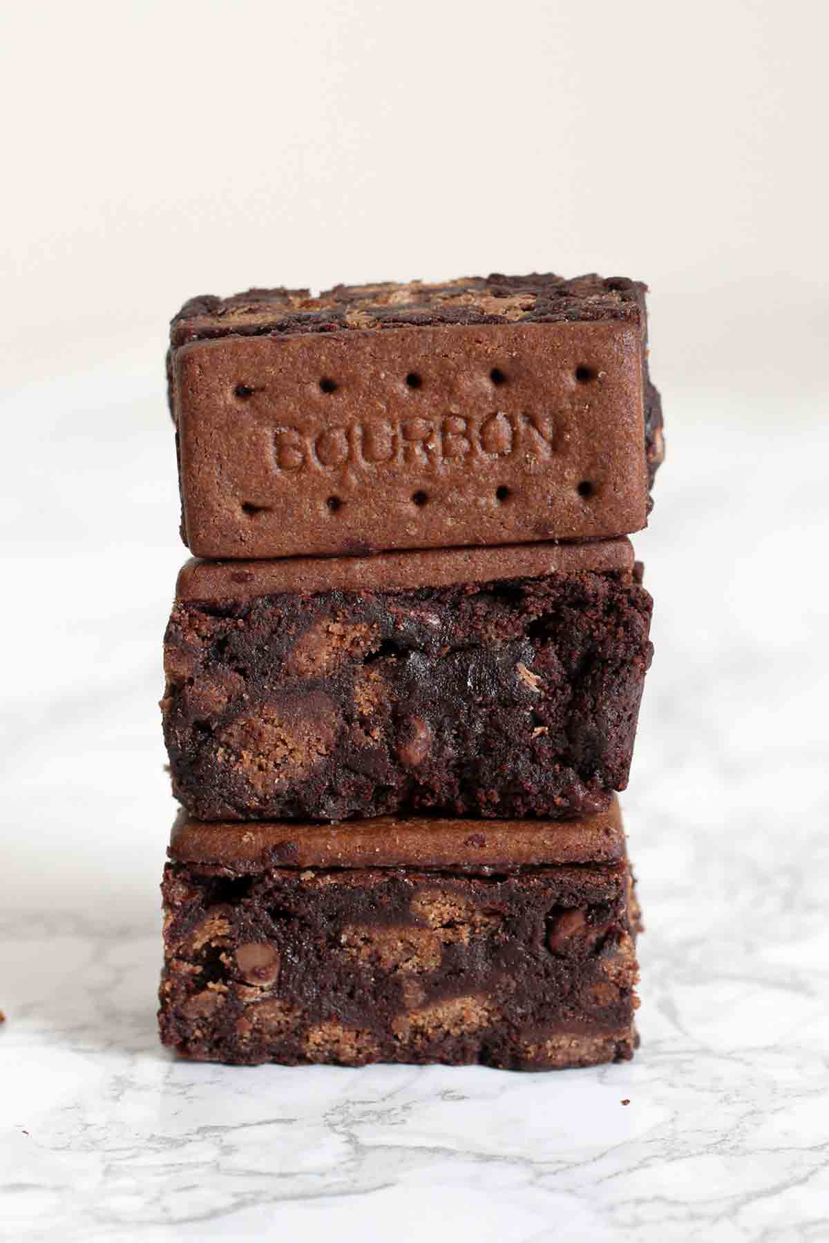 stack of 3 bourbon brick brownies