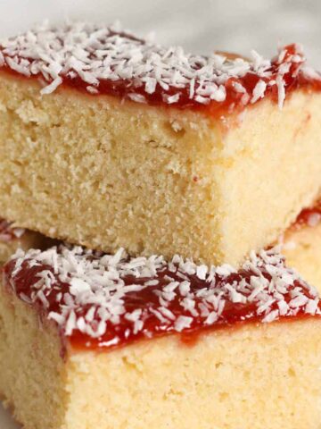 thumbnail image of old school jam and coconut traybake cake