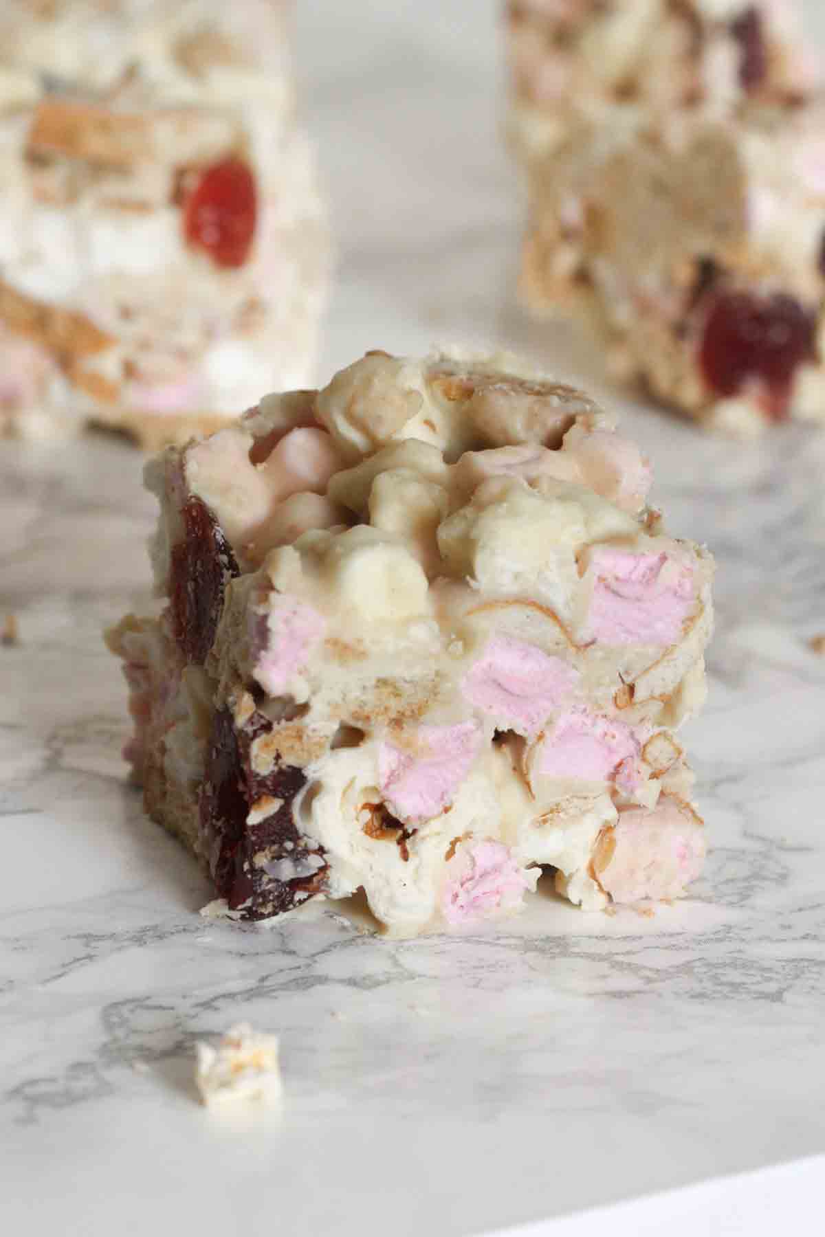 squares of white rocky road on worktop