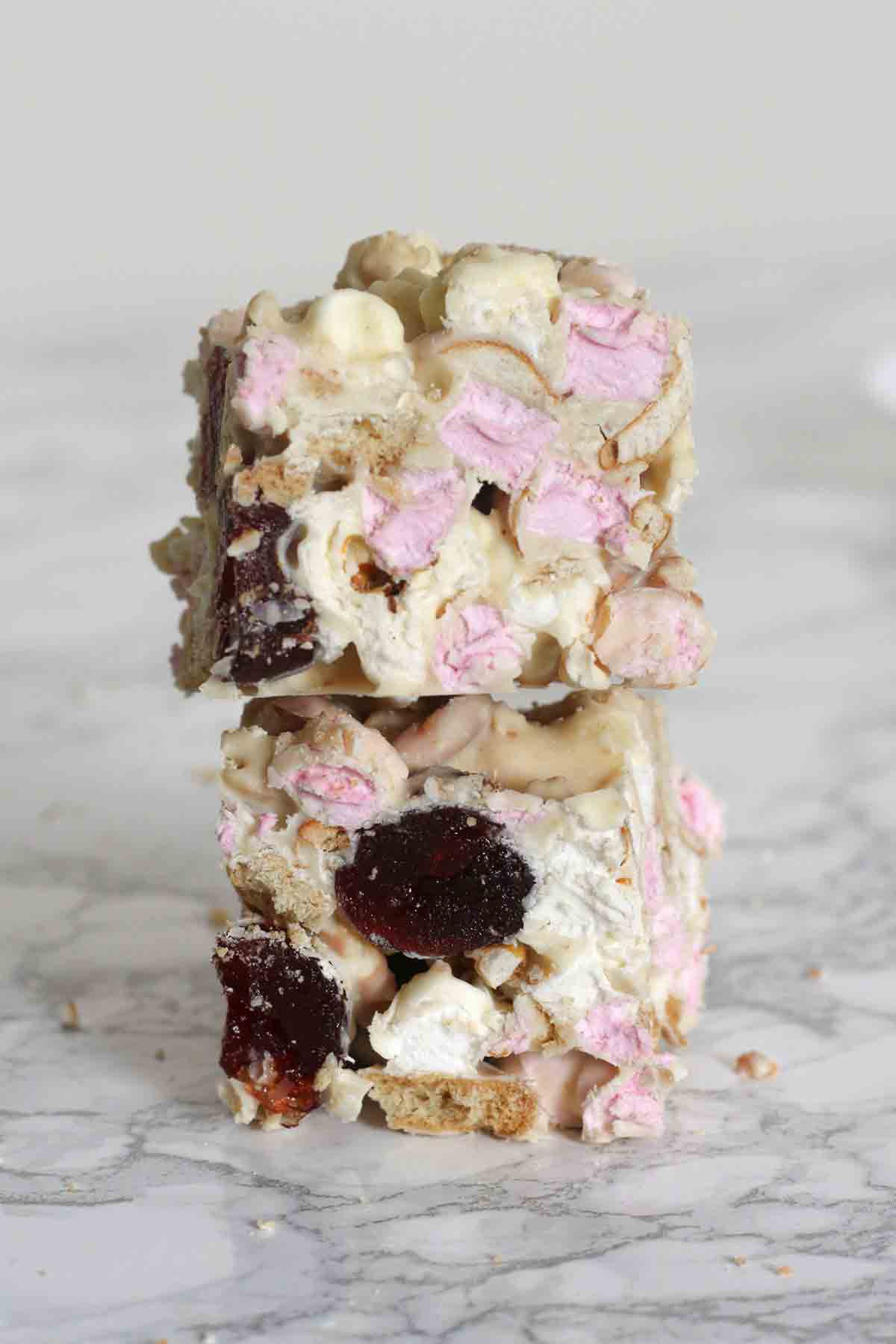 stack of 2 pieces of white chocolate rocky road