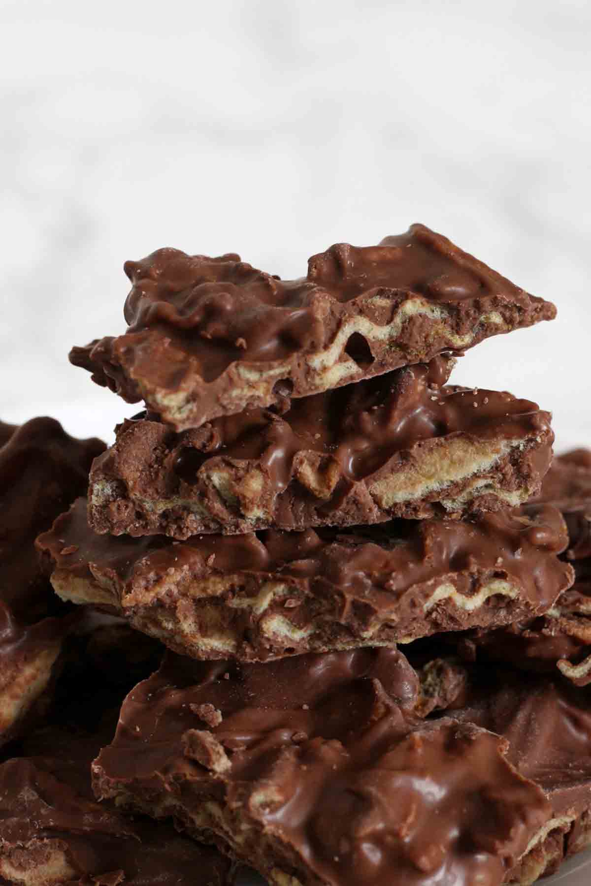 stack of chocolate potato chip bark pieces