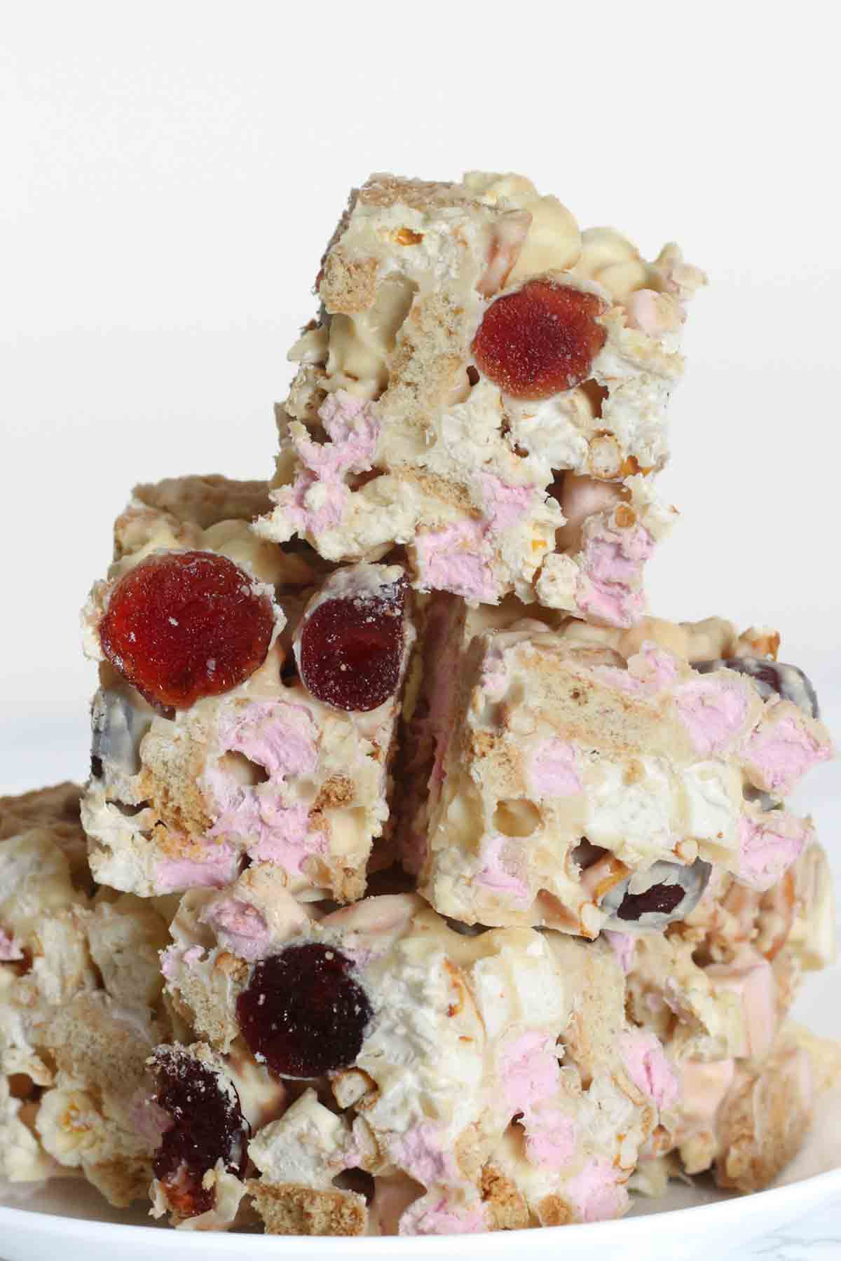 stack of white chocolate rocky road on a plate