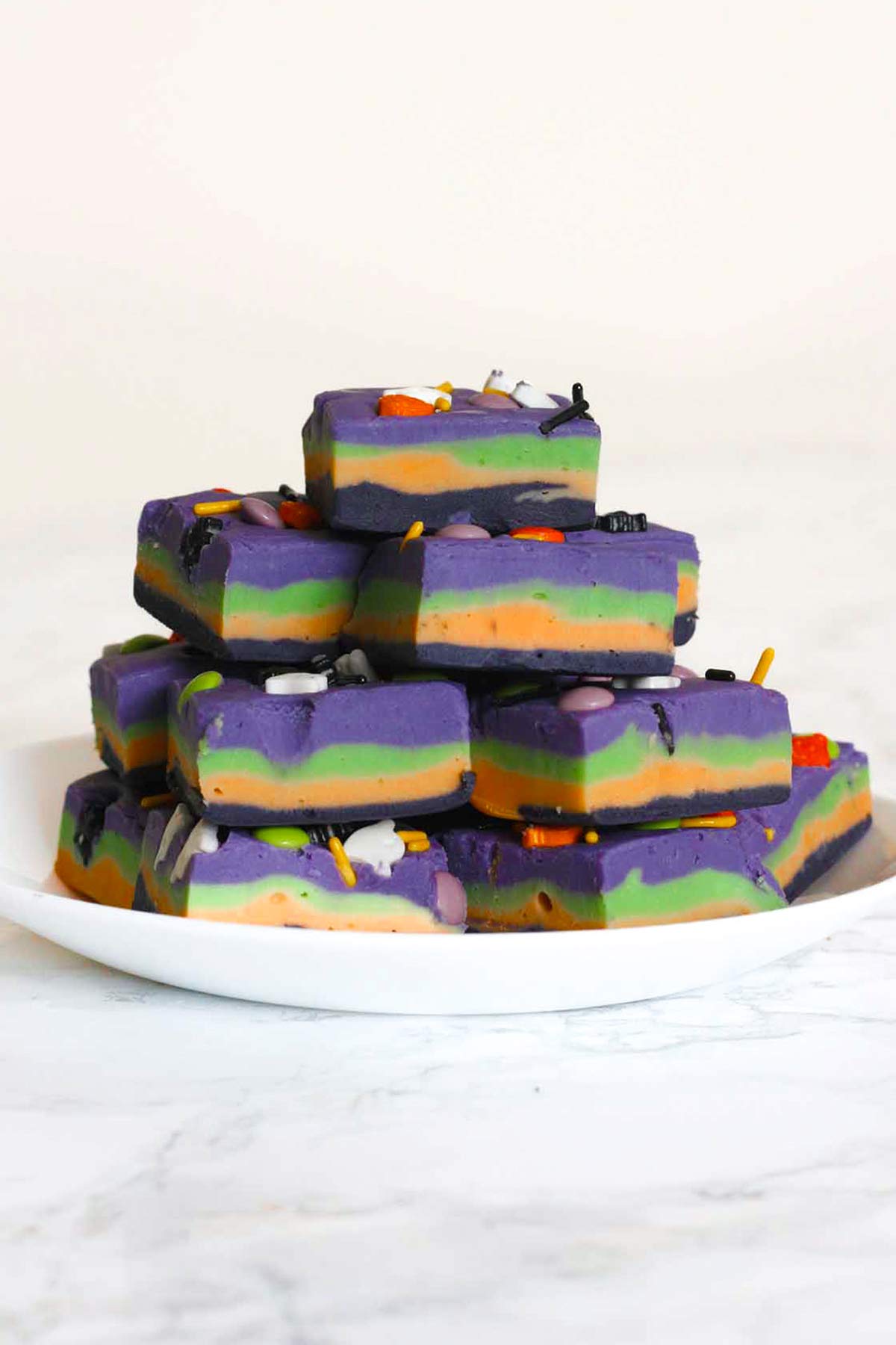 a plate full of halloween fudge pieces