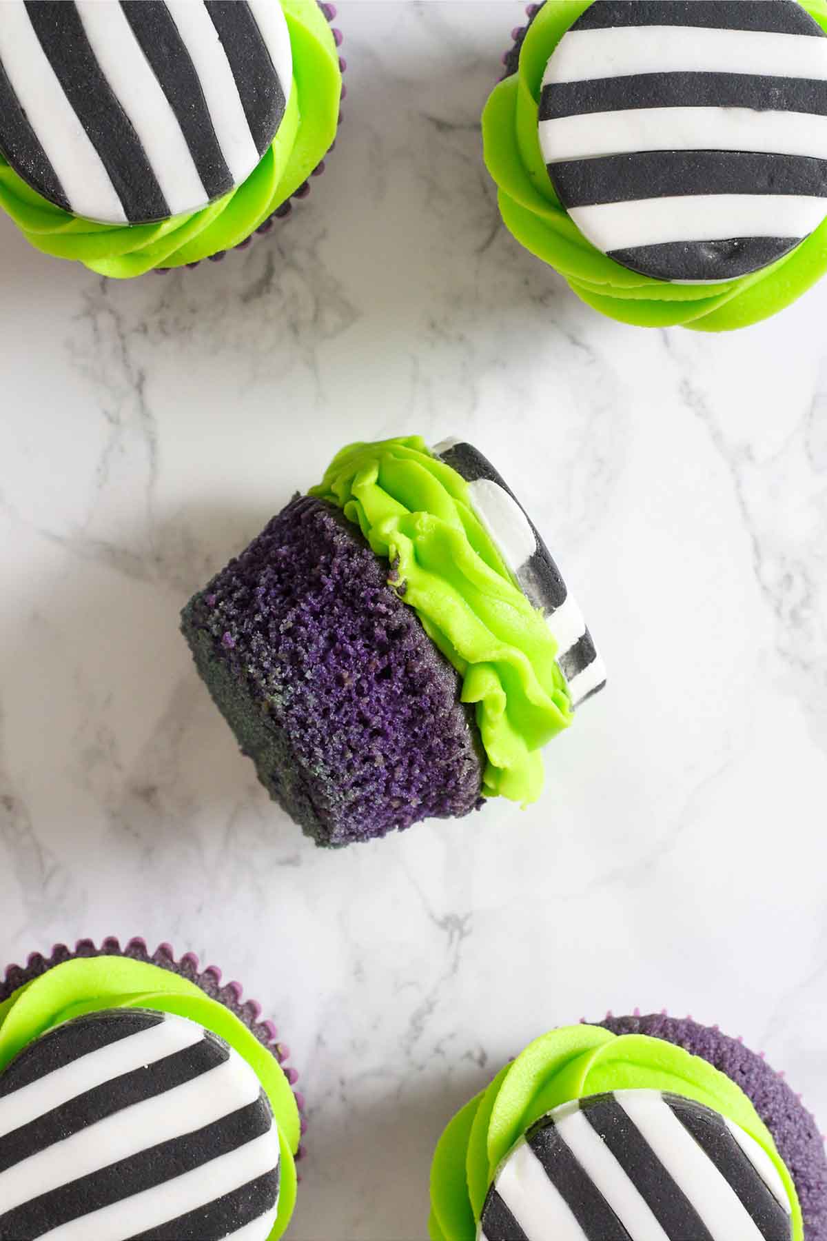 overhead image of johnny beetlejuice cupcakes