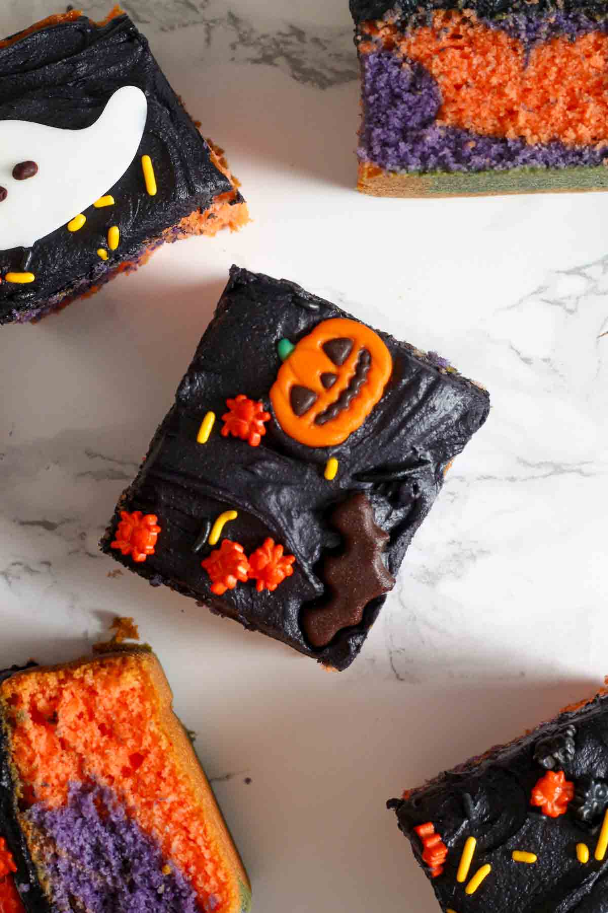 overhead shot of halloween marble sheet cake slices