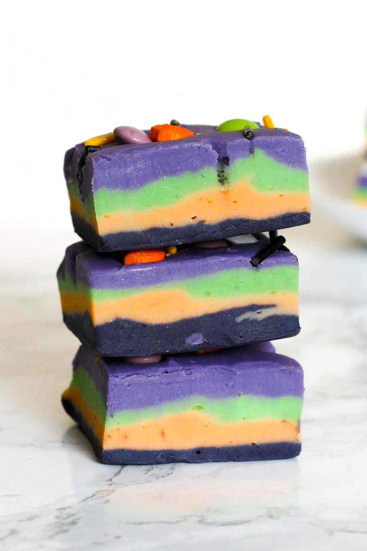 stack of 3 pieces of stripey halloween fudge