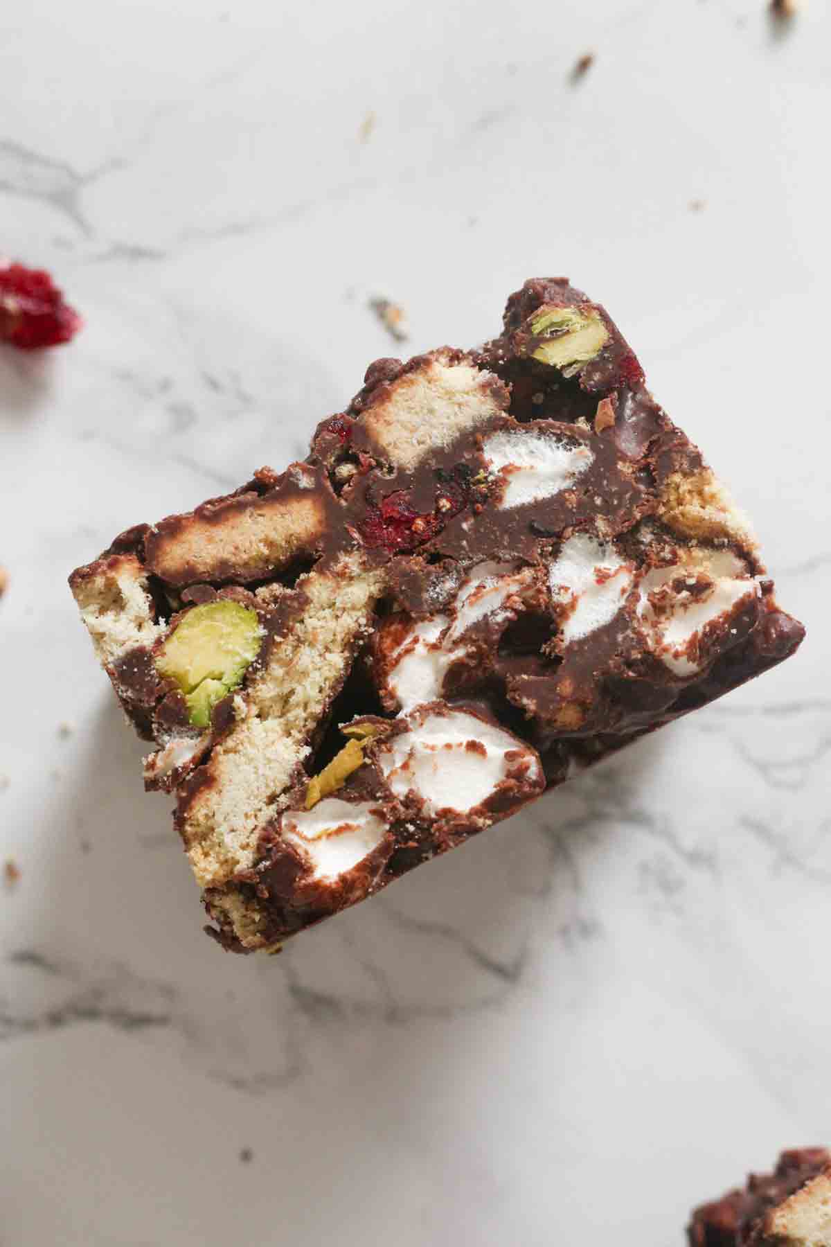 overhead shot of cranberry and pistachio rocky road squares