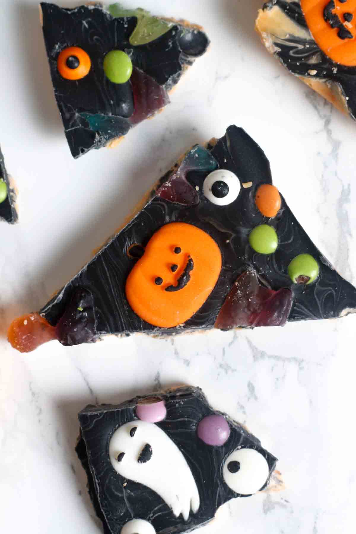 overhead shot of halloween chocolate bark pieces