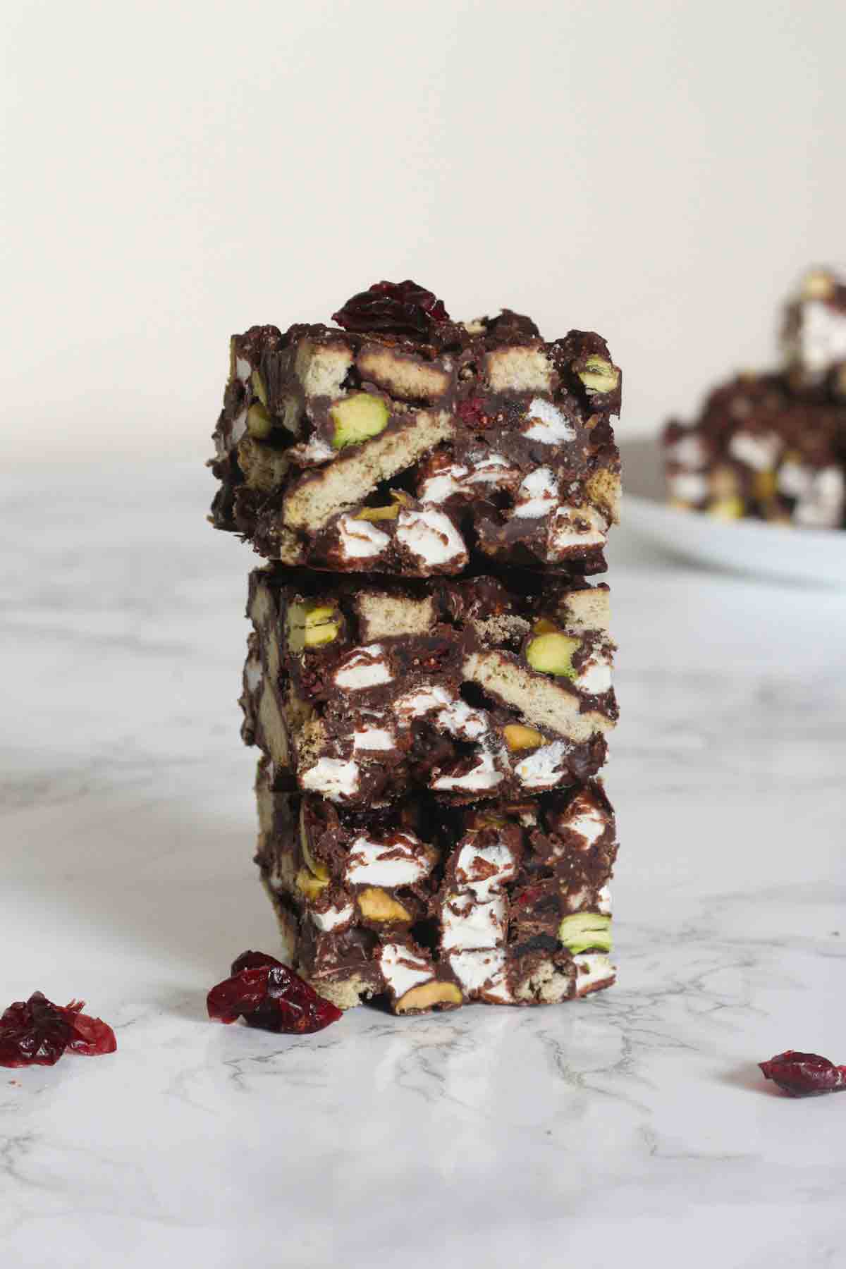 stack of 3 slices of pistachio cranberry rocky road