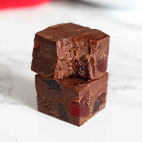 thumbnail image of chocolate cherry fudge cubes stacked on top of each other