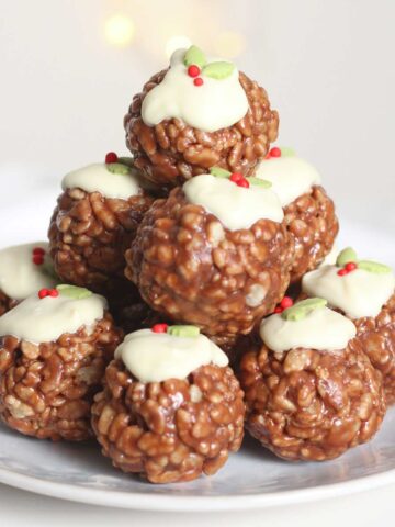 a stack of chocolate christmas pudding rice krispies