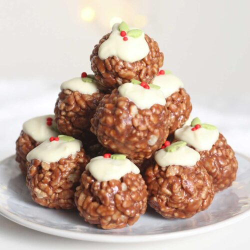 a stack of chocolate christmas pudding rice krispies