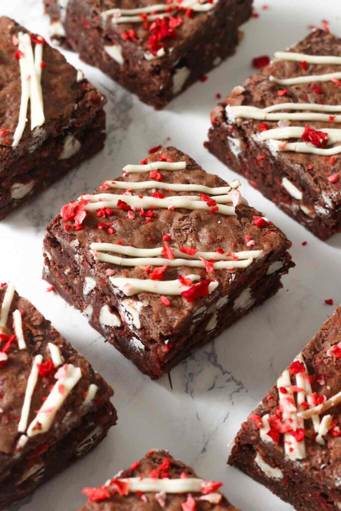 squares of white chocolate strawberry brownies