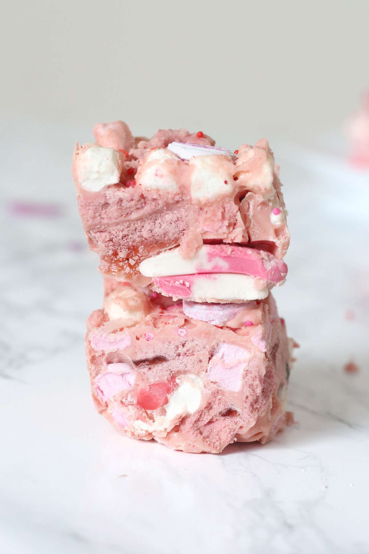 stack of 2 pieces of pink valentine's day rocky road slices