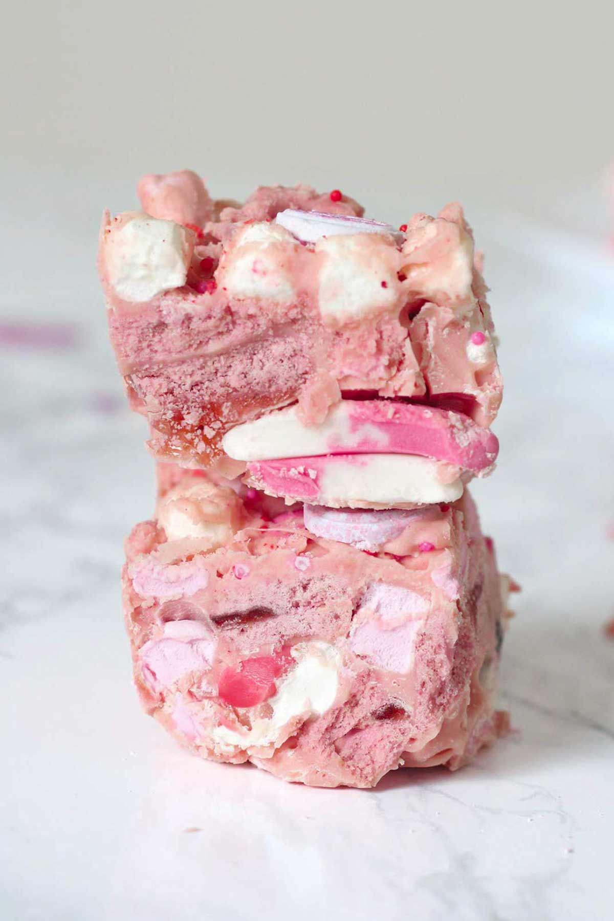 stack of 2 pieces of valentine rocky road traybake