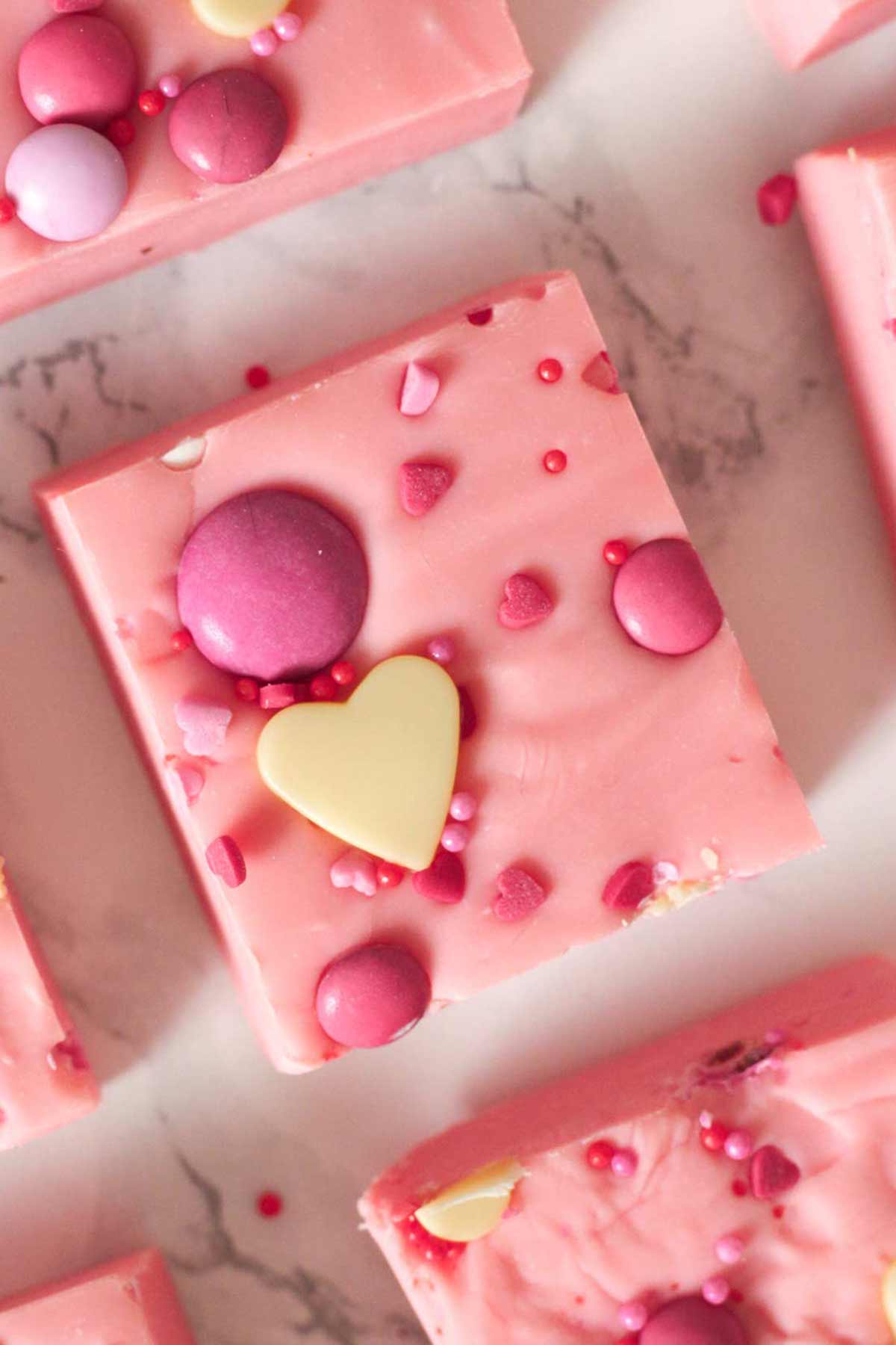 overhead image of valentines pink fudge