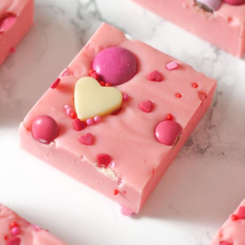 thumbnail image of valentines day fudge with heart sprinkles on top