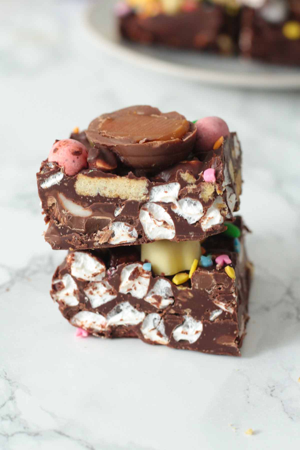 2 slices of easter egg rocky road on top of one another