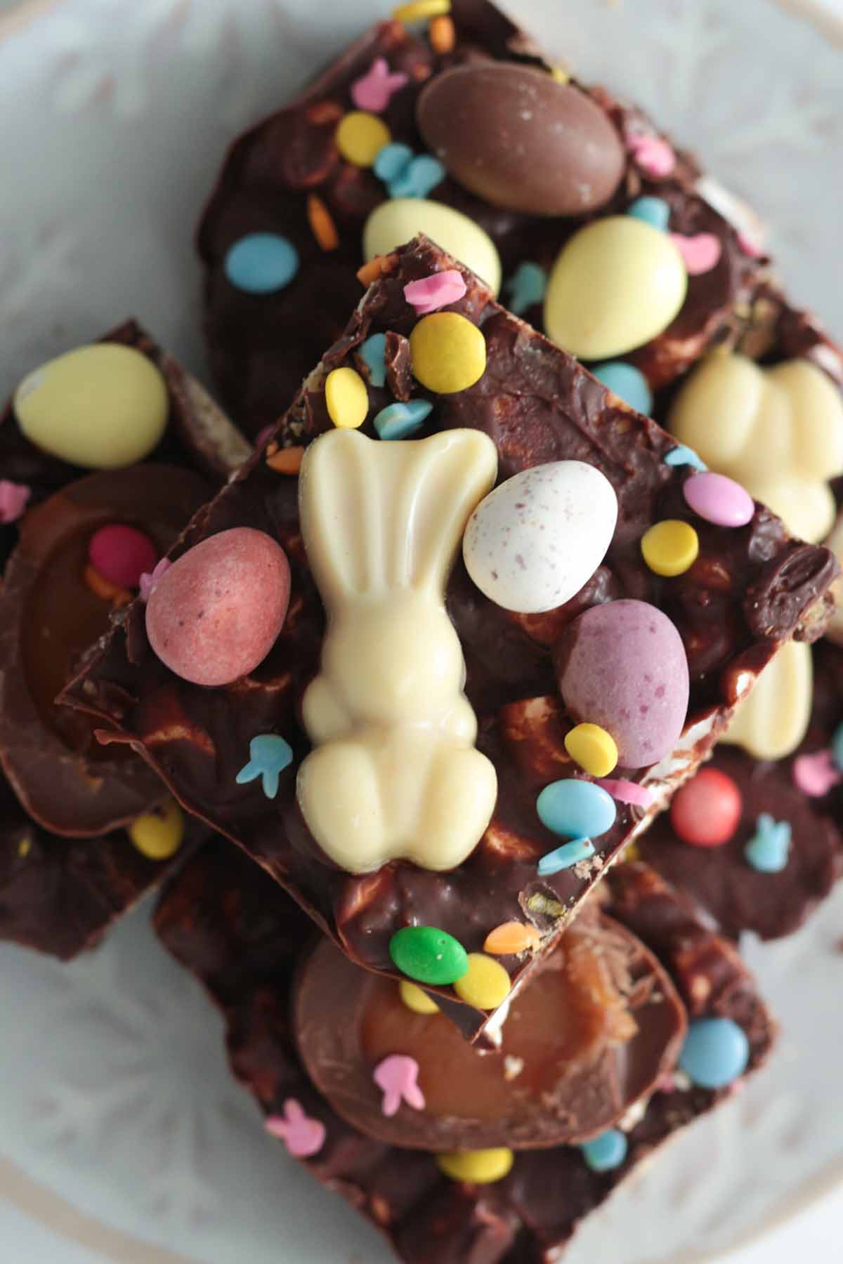 overhead image of easter rocky road with chocolate bunny on top