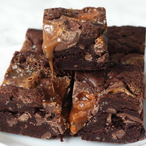 thubmnail image of a stack of cadbury caramel egg brownies