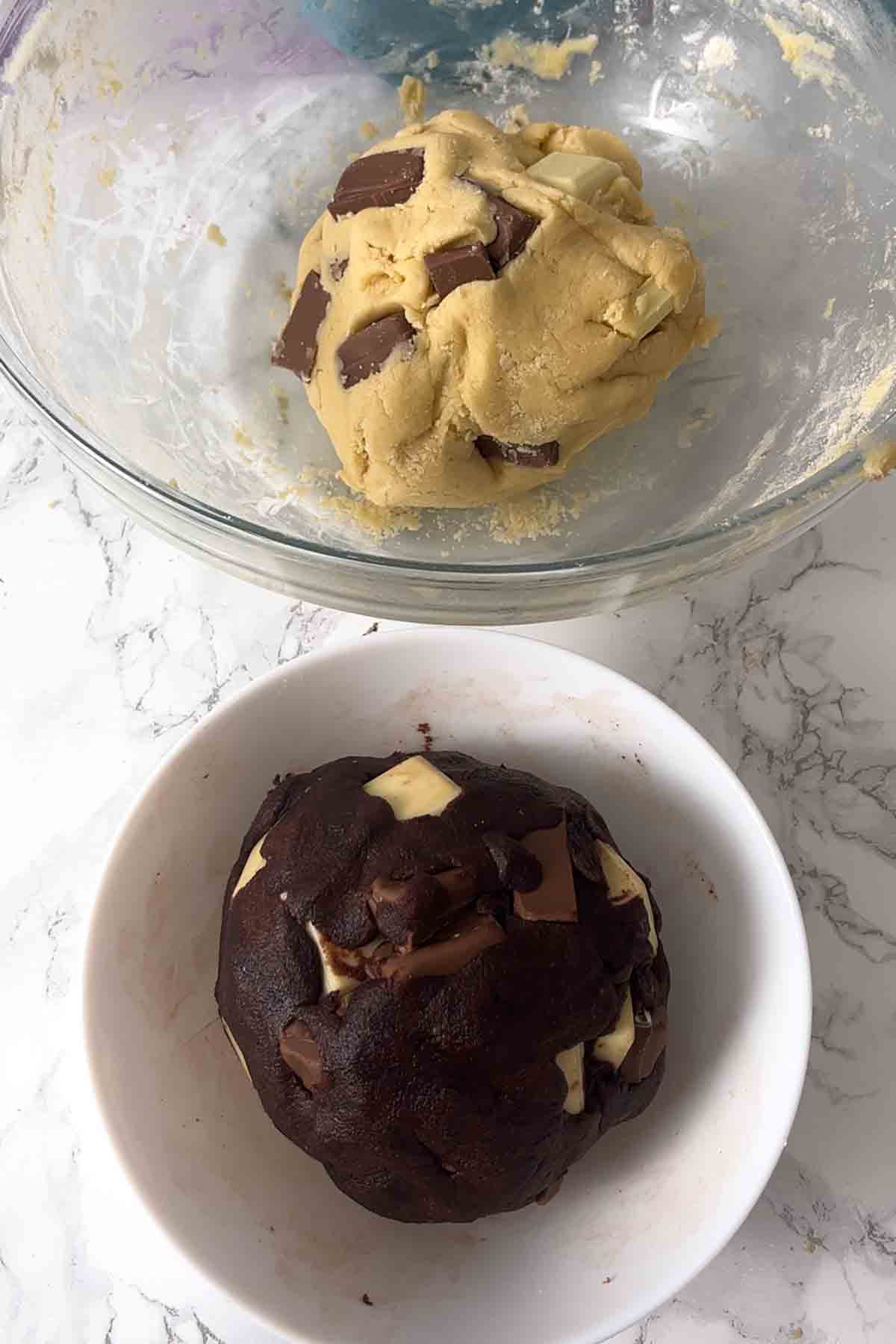 large balls of chocolate chunk and triple chocolate cookie dough