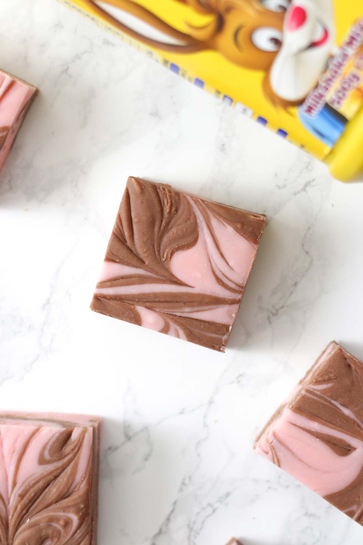 overhead image of nesquik fudge with nesquik milkshake box beside it