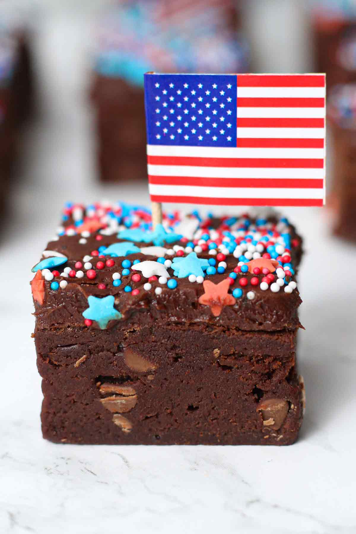 independence day brownies with red blue and white stars and american flag on top