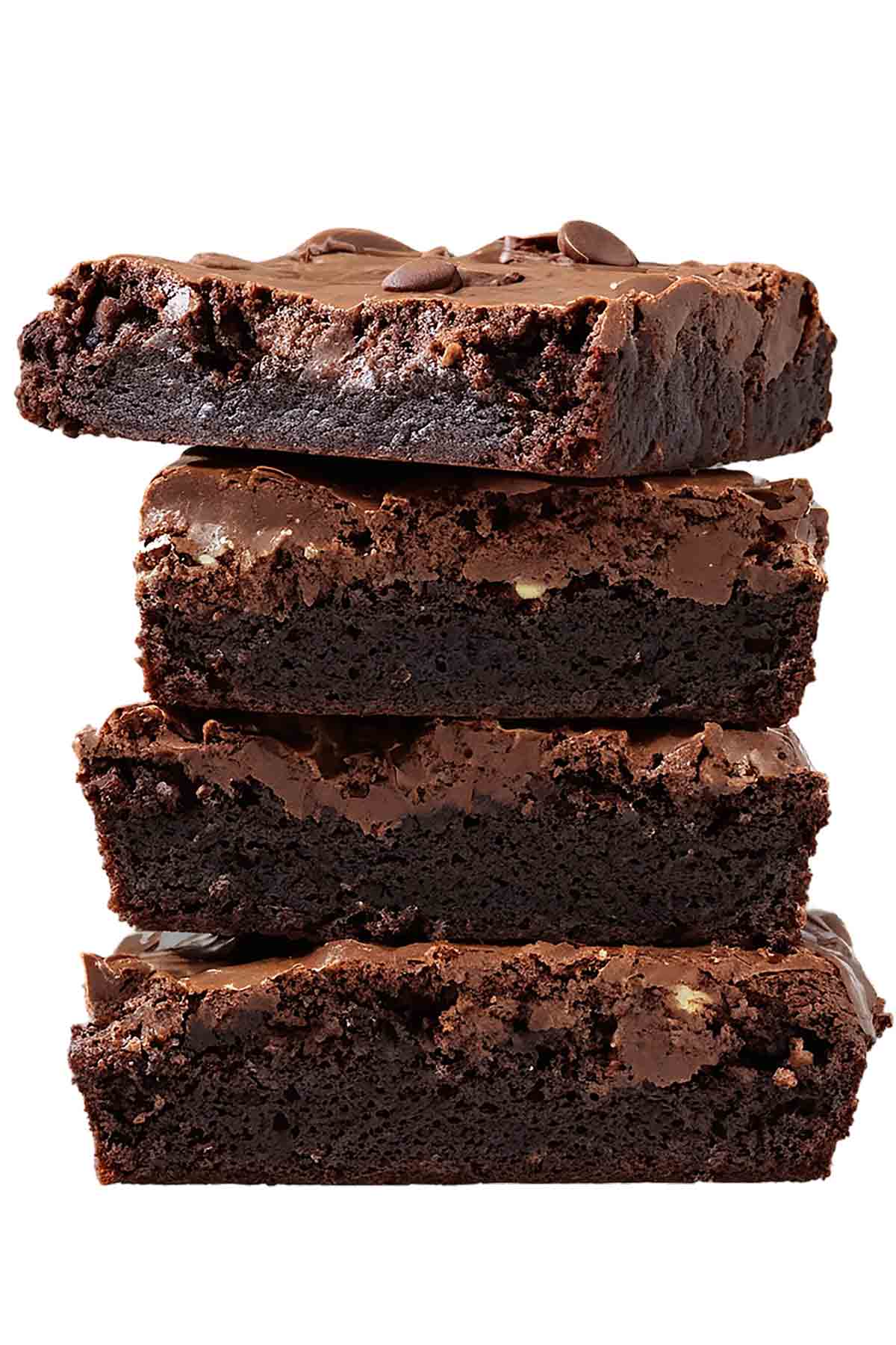 stack of 4 fudgy brownies for brownie baking tips post