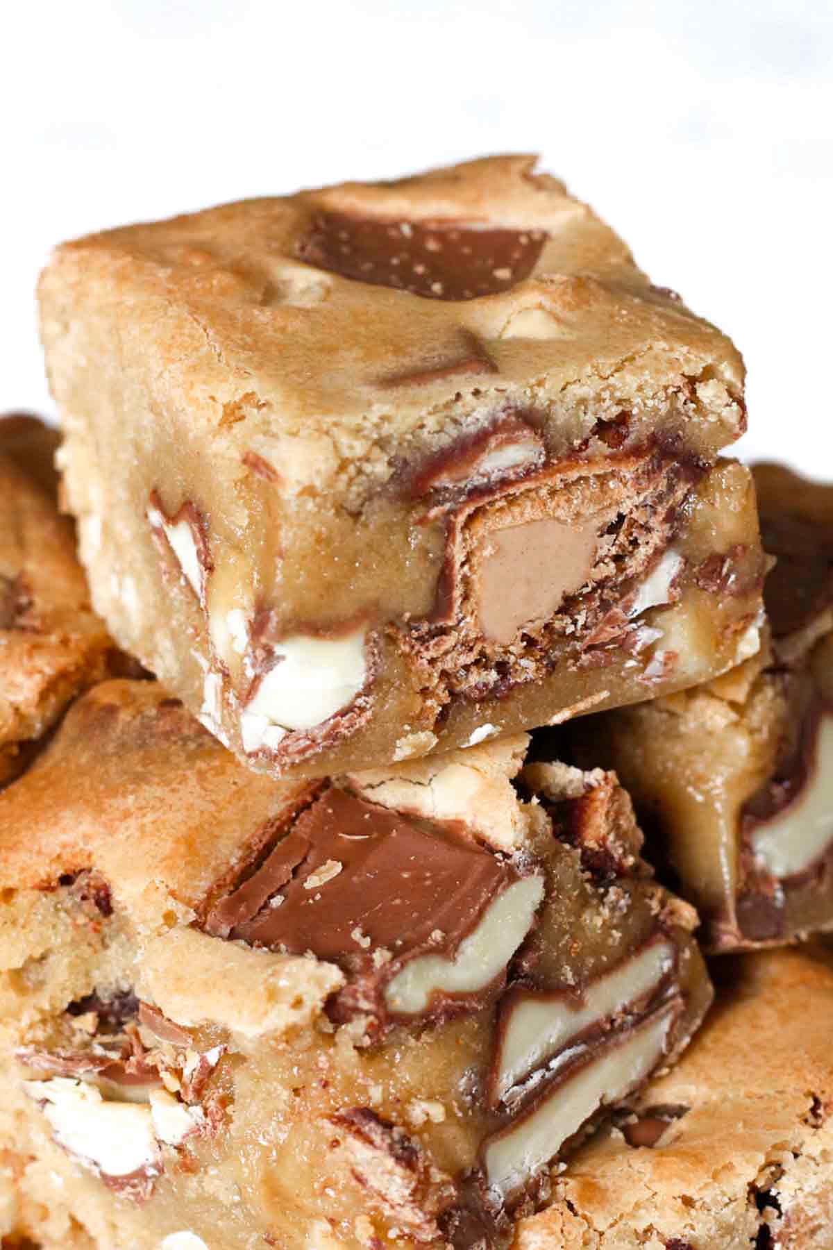 a stack of kinder bueno blondies
