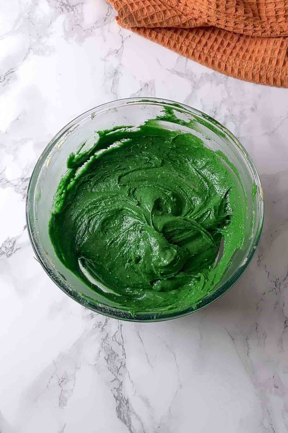 bowl of green cake batter
