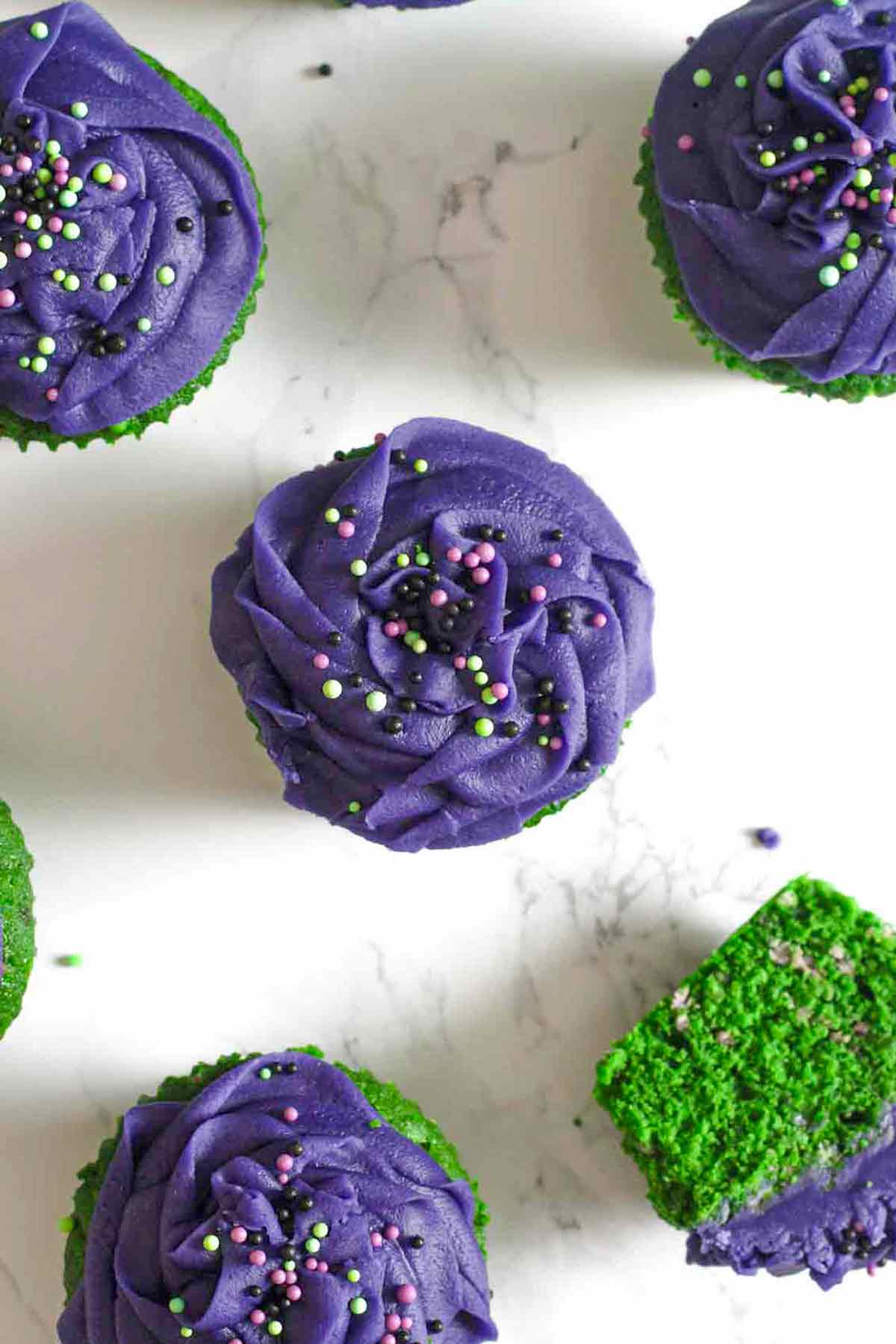 overhead image of halloween funfetti cupcakes