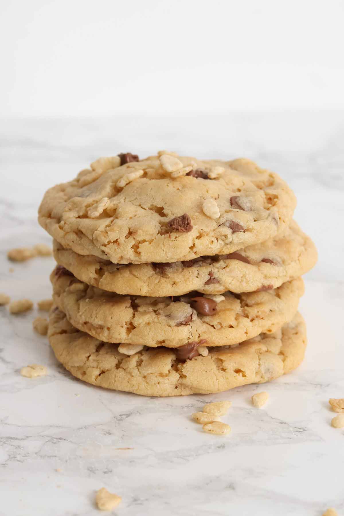 a stack of four chocolate chip rice krispie cookies