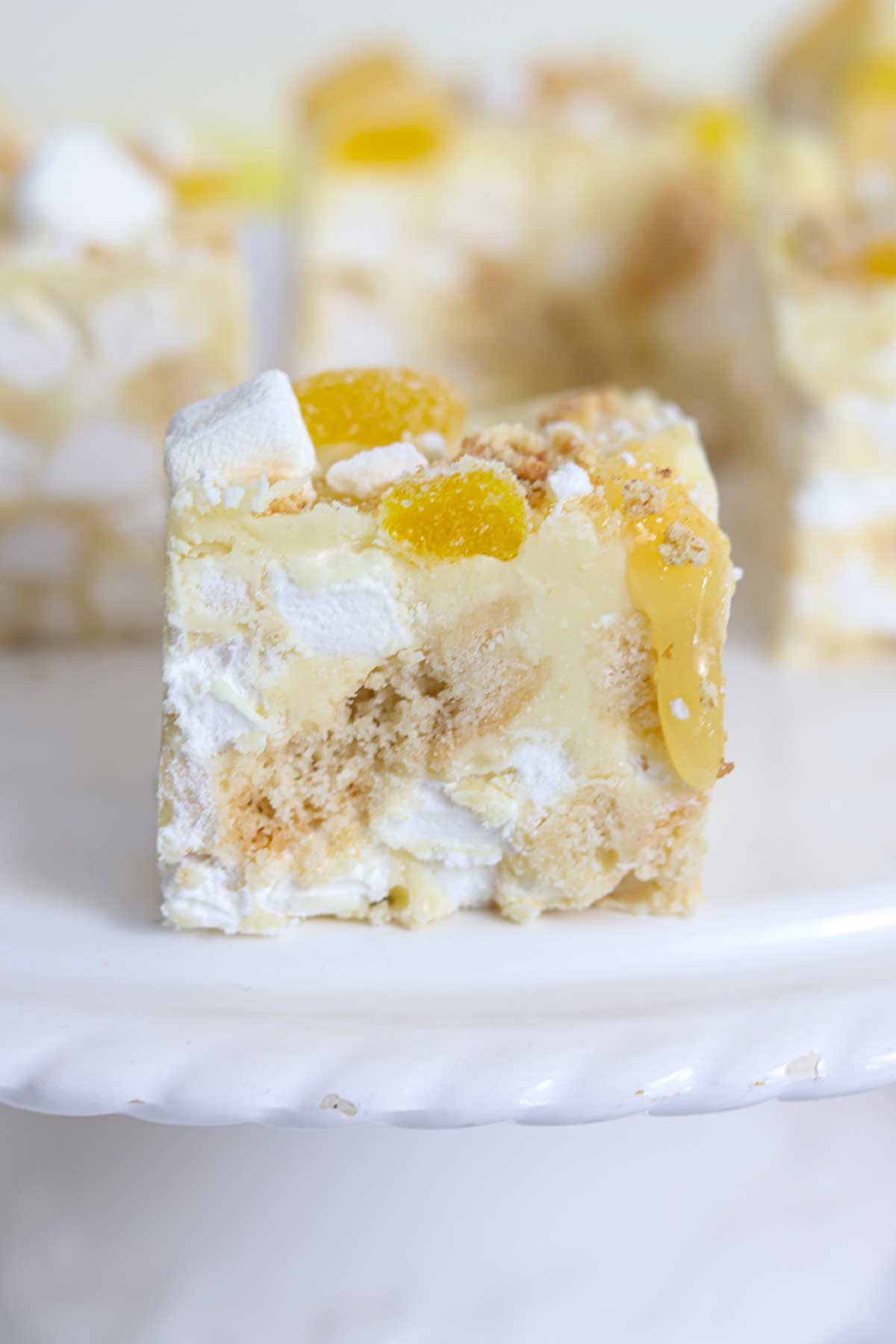 close up of a slice of lemon meringue rocky road