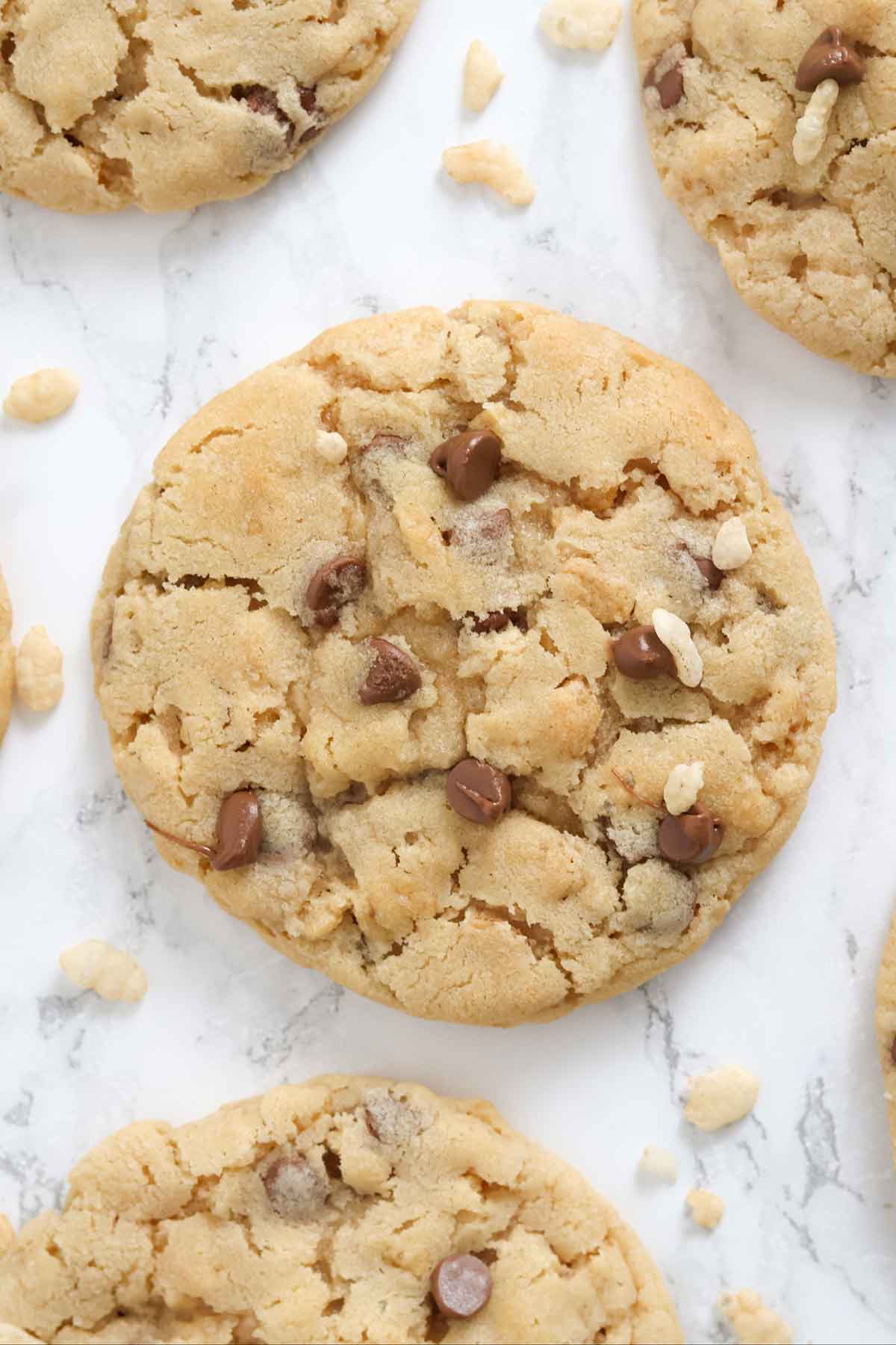 overhead image of chocolate chip rice krispie cookies