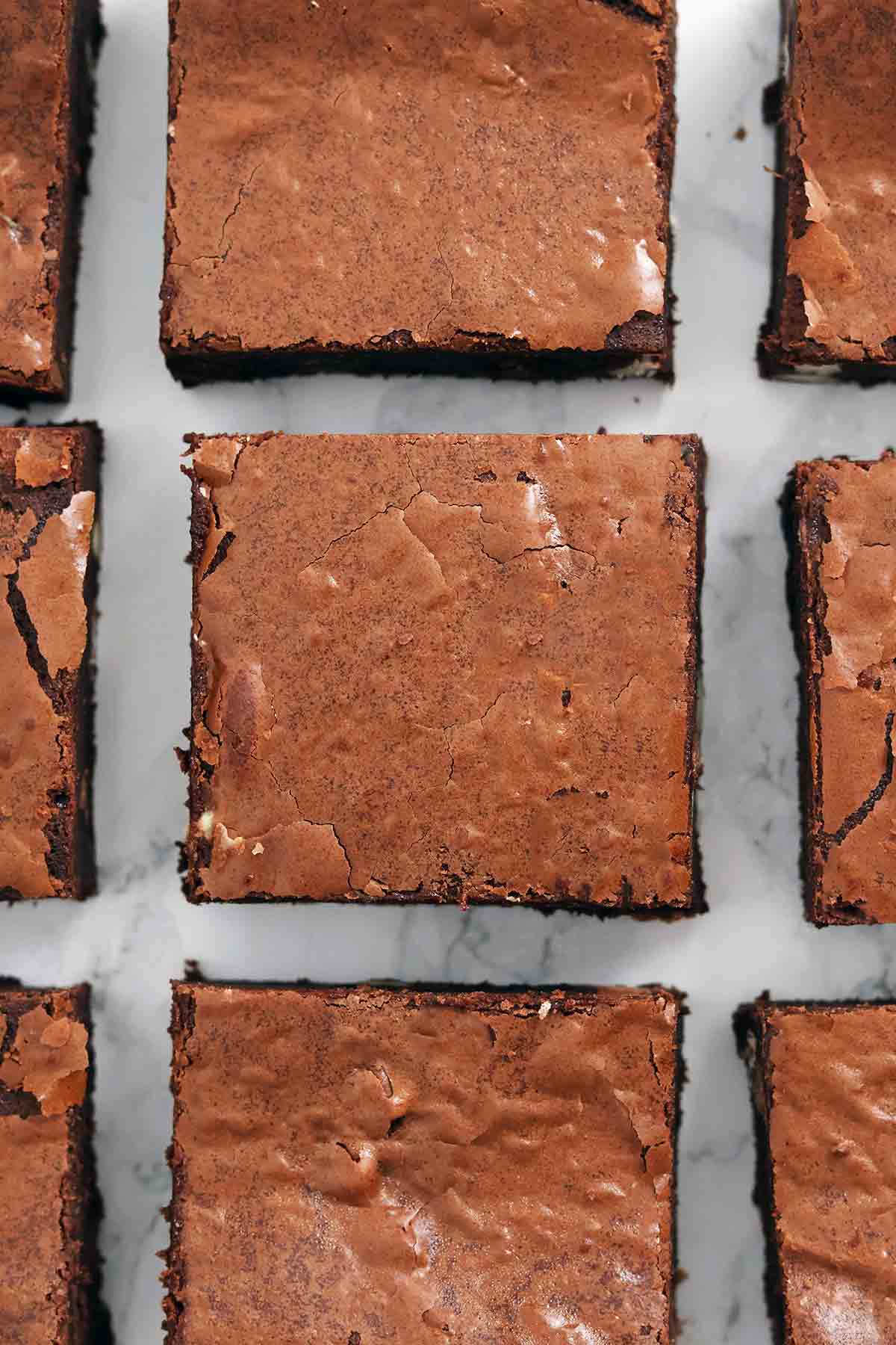 overhead image of slices of fudgy brownies