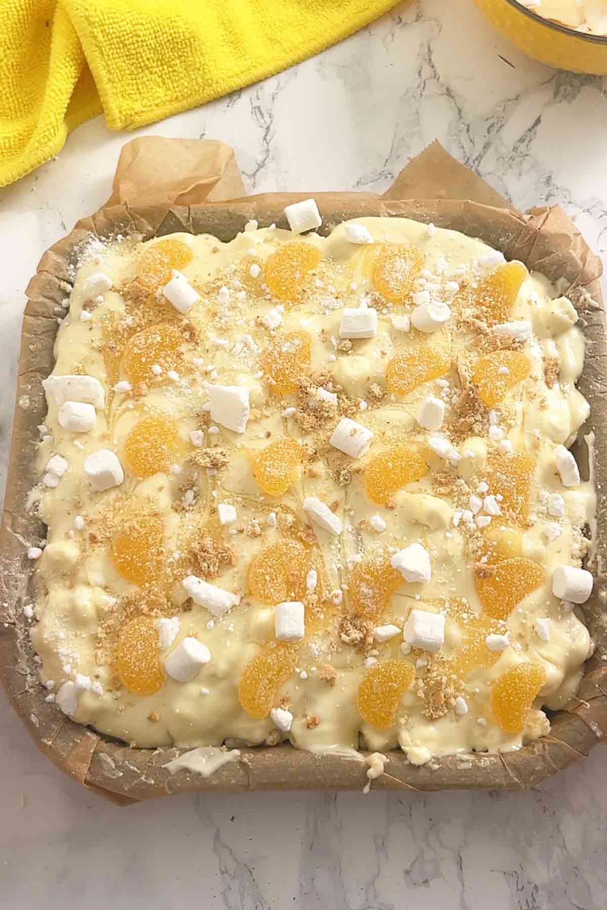 rocky road slab with decorations on top