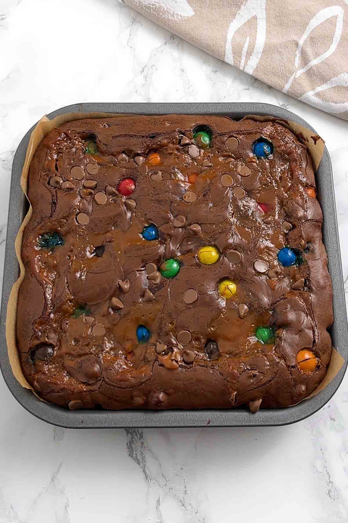 baked brownie in tin