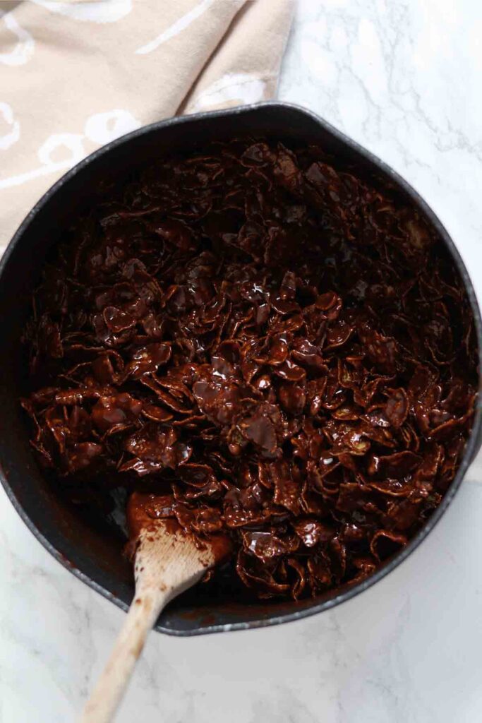 chocolate cornflake mixture in a pan