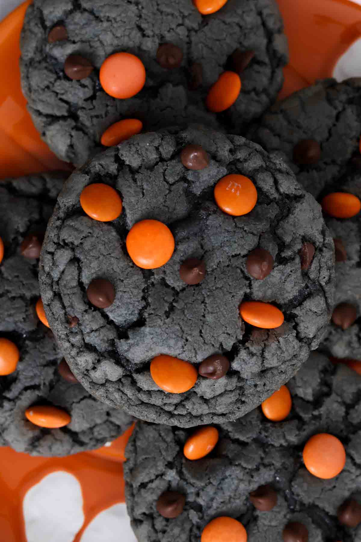 overhead image of chewy halloween chocolate chip cookies