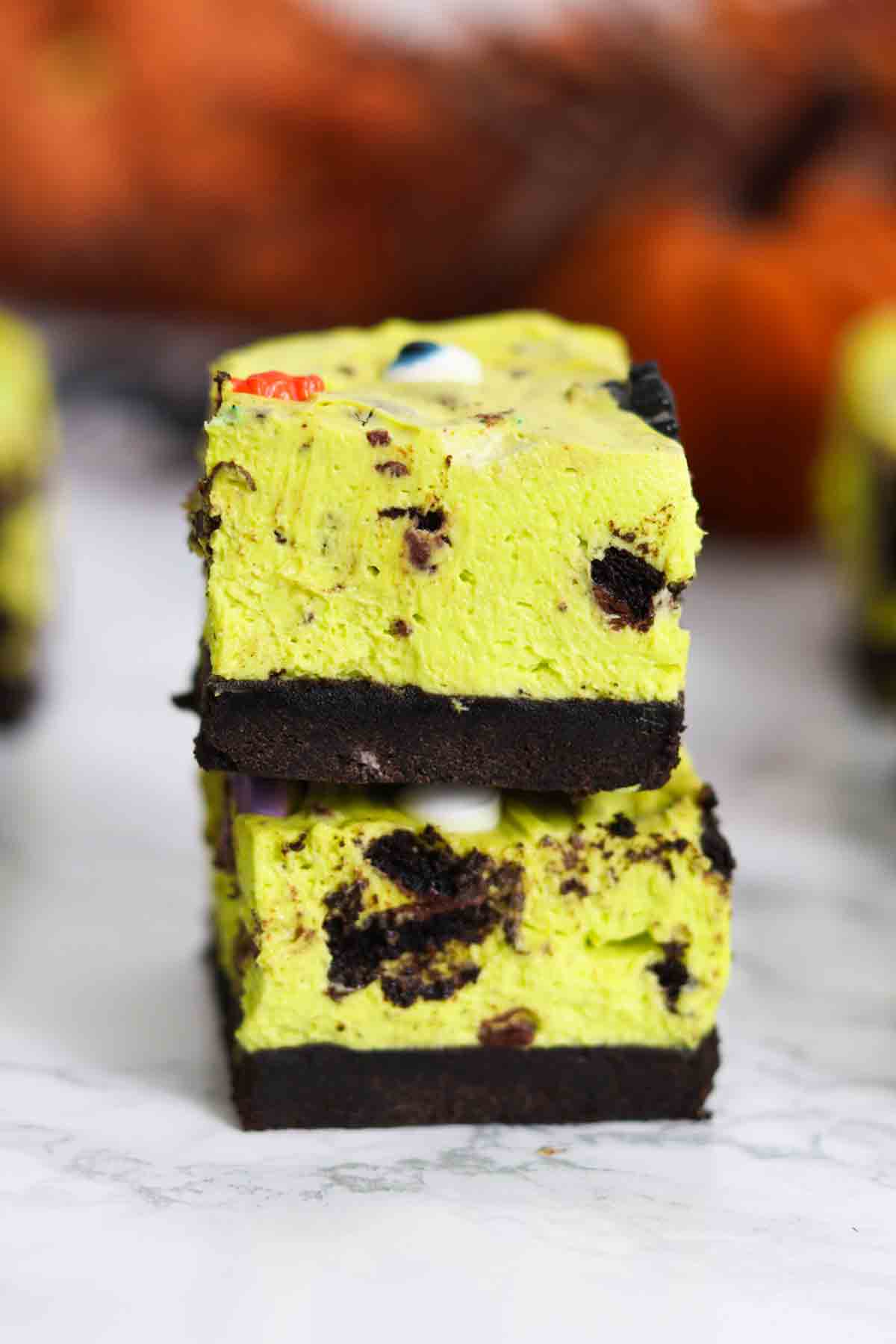 stack of 2 no bake halloween cheesecake bars