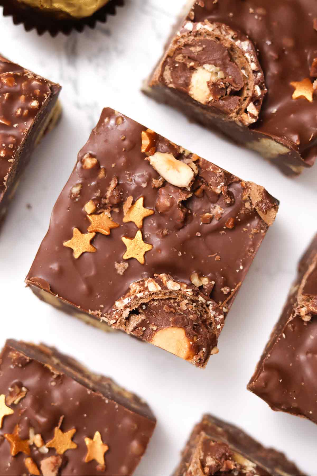 overhead image of ferrero rocher traybake slices