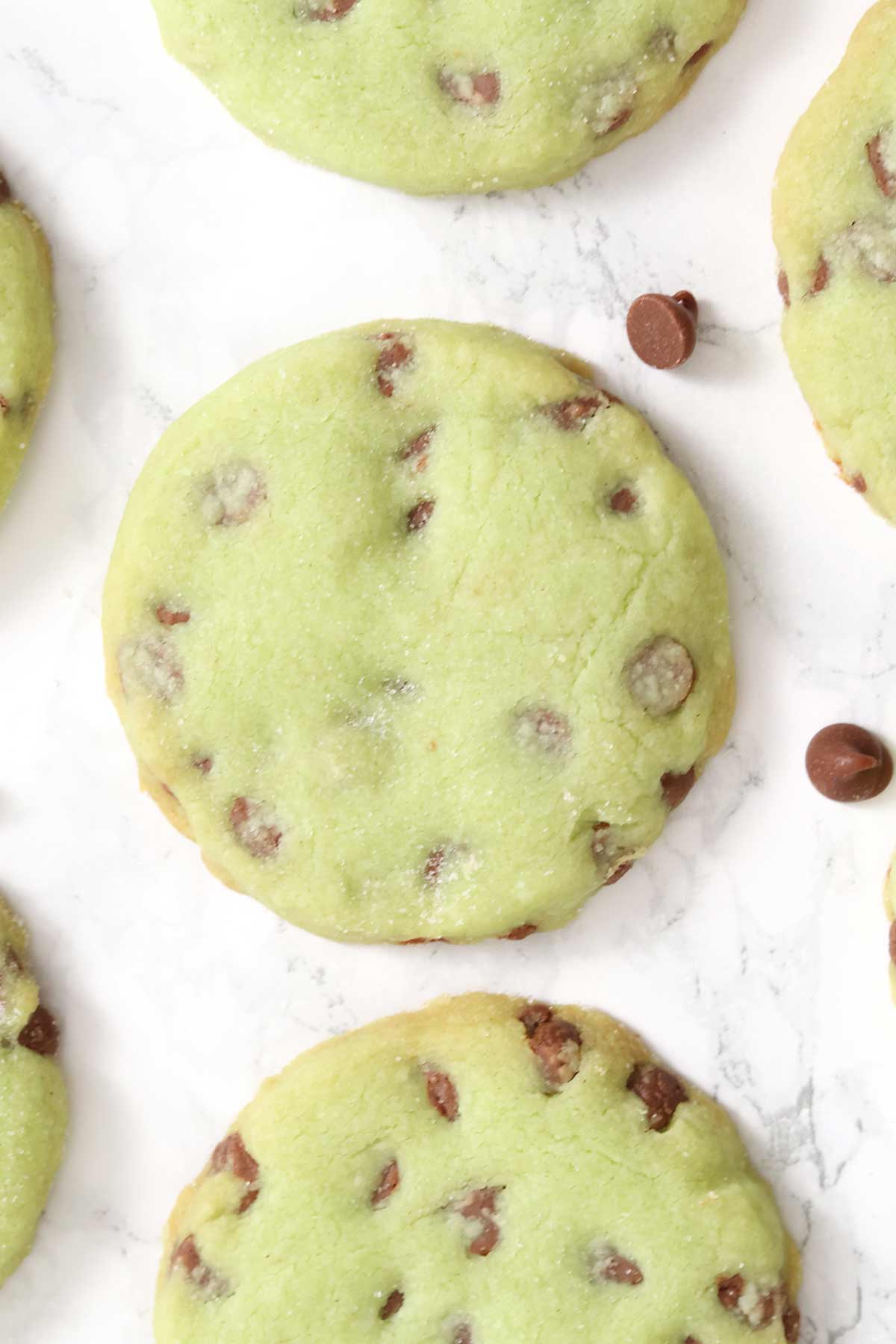 overhead image of mint chocolate chip shortbread cookies