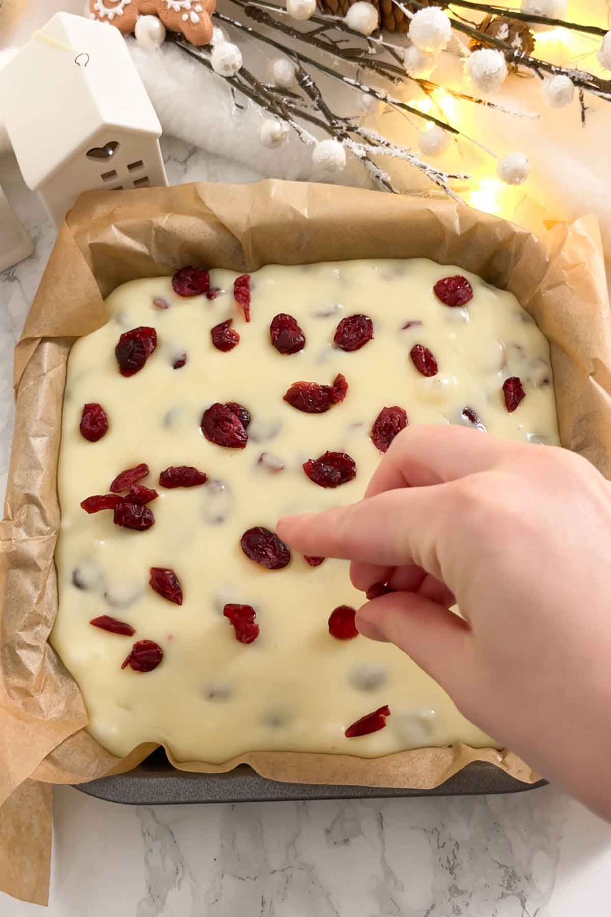 adding dried cranberries on top of mixture in tin