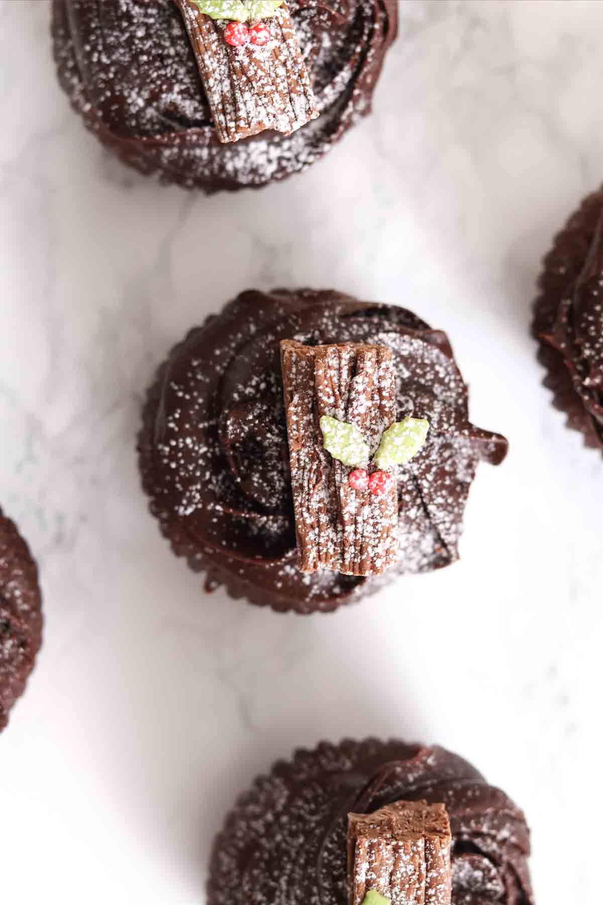 overhead image of chocolate yule log cupcakes