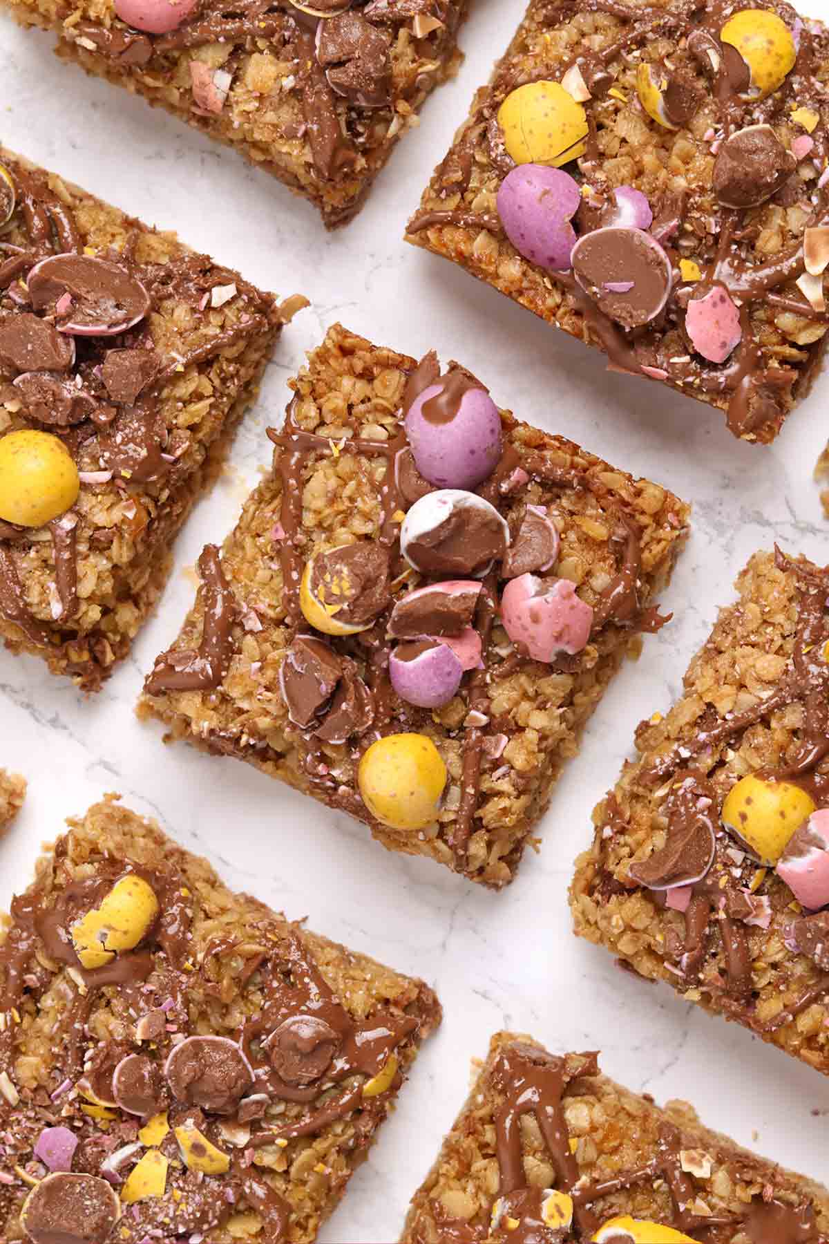 overhead image of easter mini egg flapjacks