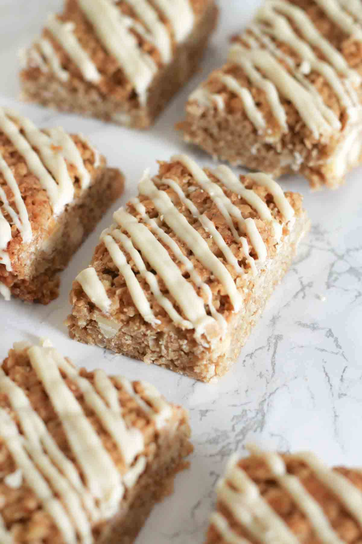 clean slices of white chocolate flapjacks