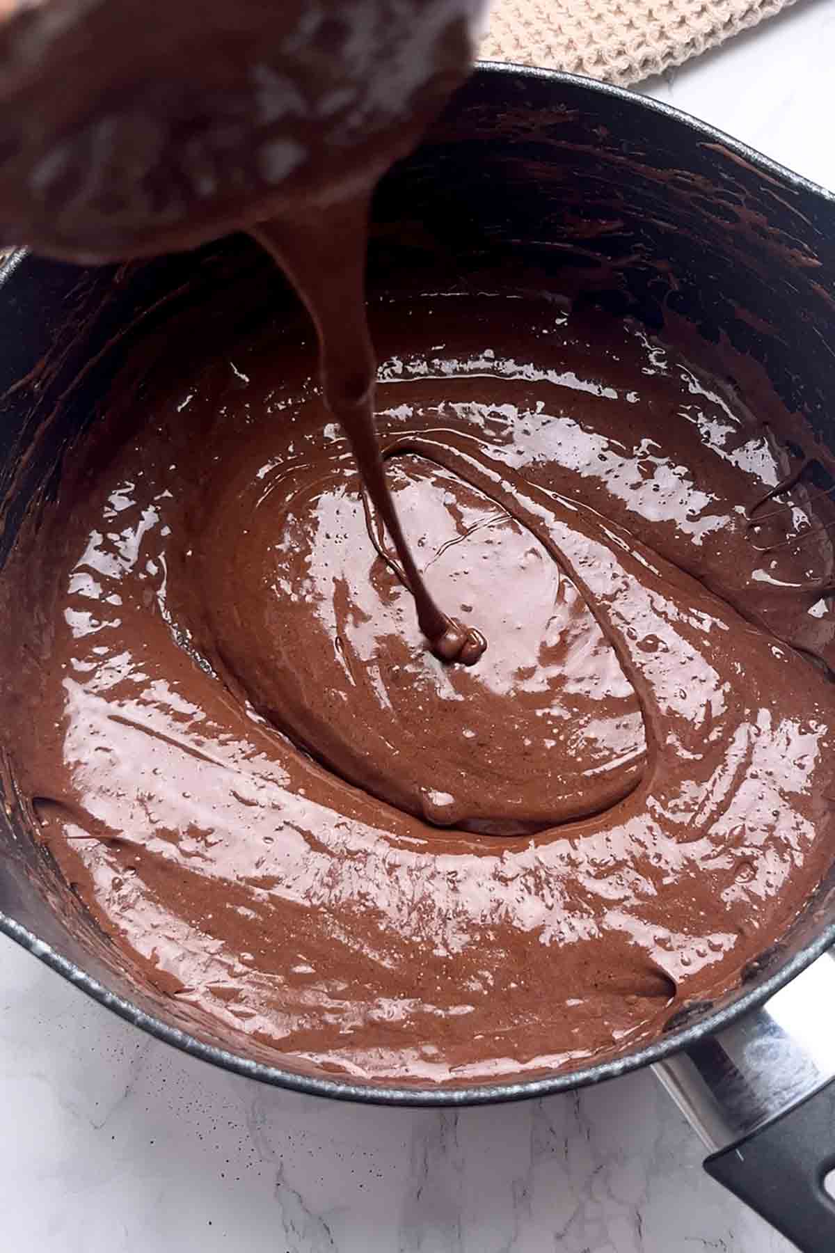 melted chocolate marshmallow mixture in a saucepan